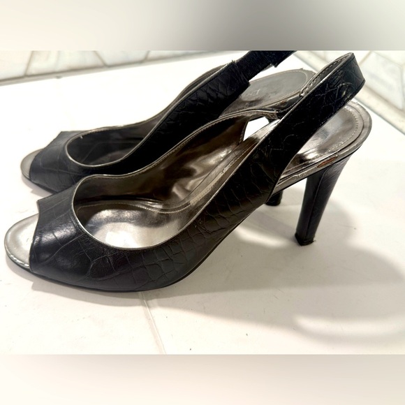 Enzo Angiolini Black Crocodile Leather Peep Toe Slingbacks Size 7.5 Heel - Picture 1 of 10